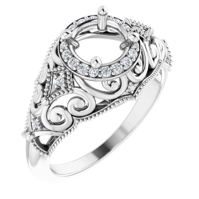 14K White 6.5 mm Round 1/10 CTW Diamond Semi-Set Vintage-Inspired Engagement Ring